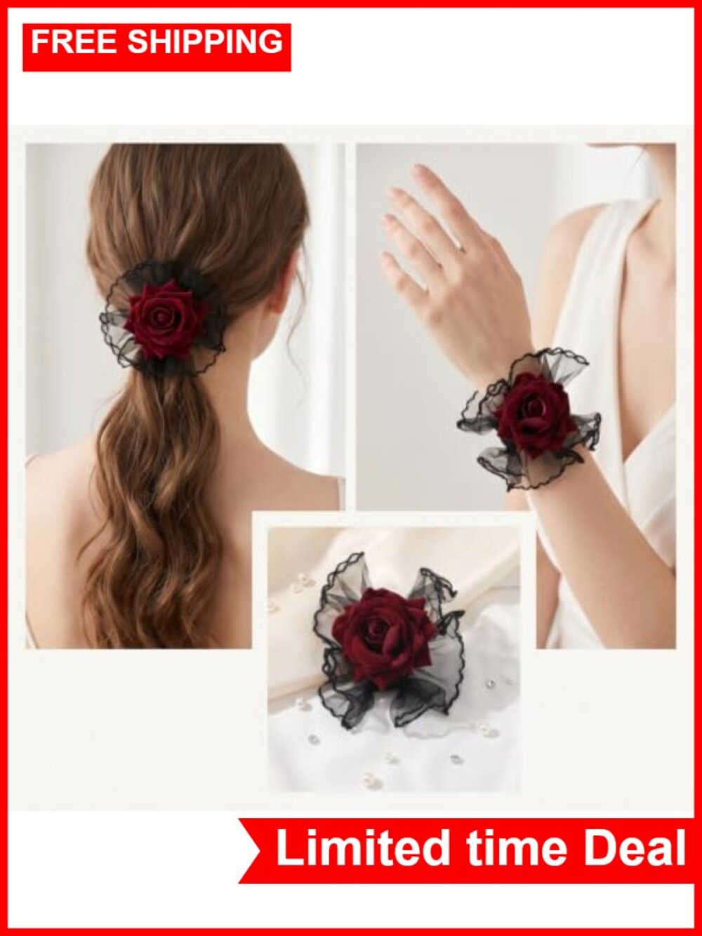 Black Lace Gloves with Red Roses Gothic Wrist Cuff Halloween Accessory - Picture 4 of 6